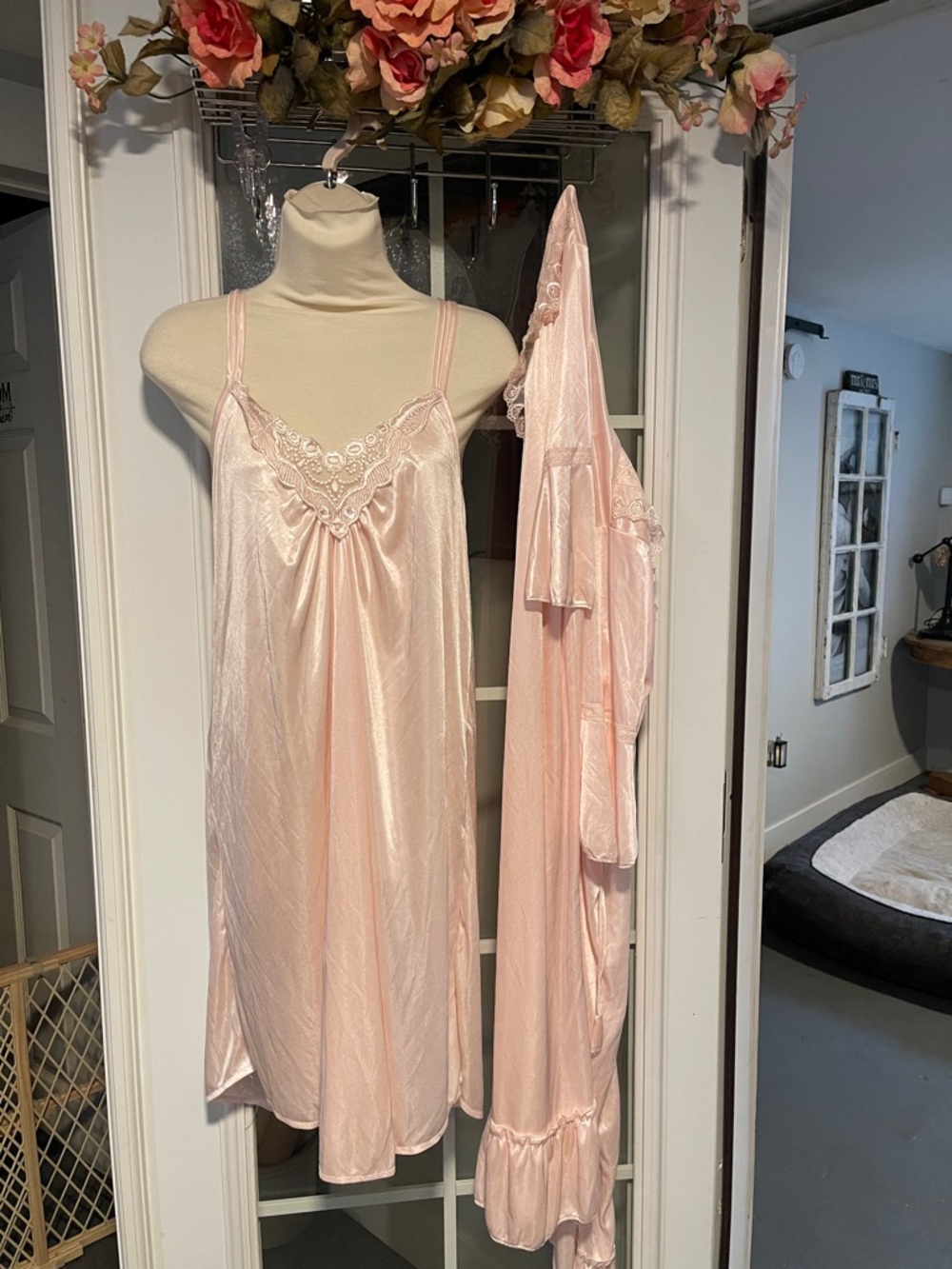 Satin Lace-Trim Chemise with Matching Robe - Pale Pink